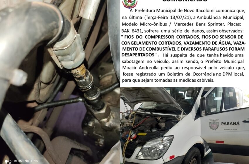  Ambulância de Novo Itacolomi é danificado em caso de sabotagem