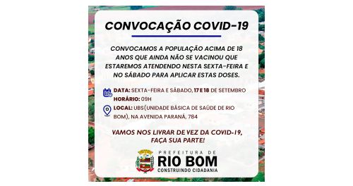  RIO BOM – Saúde convoca população maior de 18 anos que ainda não se vacinou para a COVID-19