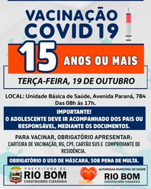  Vacinação de Rio Bom para pessoas com 15 anos ou mais começa nesta terça-feira, 19