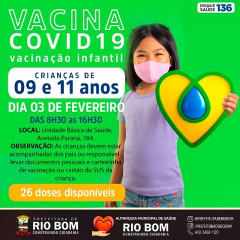  Vacinação para crianças com 09 ou 11 anos inicia nesta quinta-feira, 03 em Rio Bom