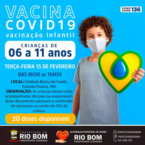  Covid-19: Vacinação para crianças de 06 a 11 anos inicia nesta terça-feira, 15 em Rio Bom