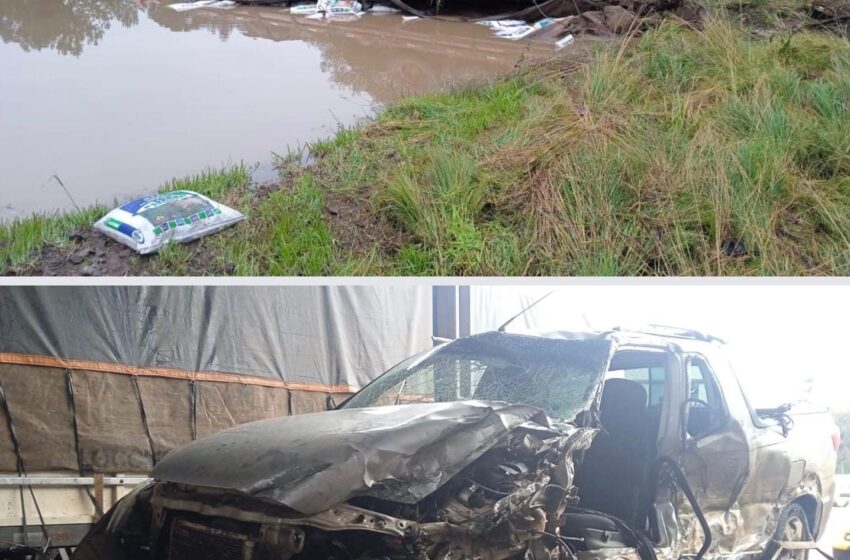  Caminhão cai dentro de lago após colisão em Turvo na PR-466