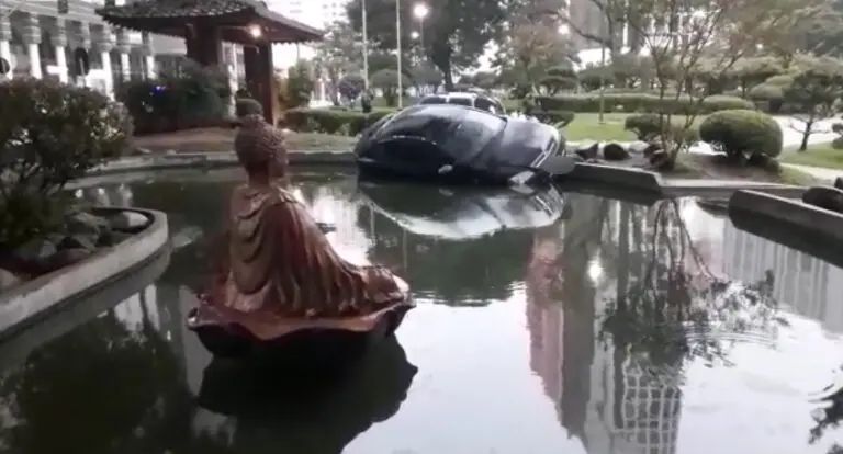  Em Curitiba, carro invade Praça e cai em tanque de peixes