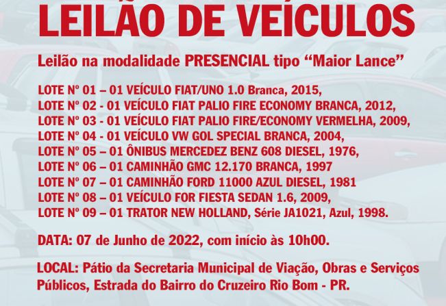  Prefeitura de Rio Bom realiza leilão de veículos