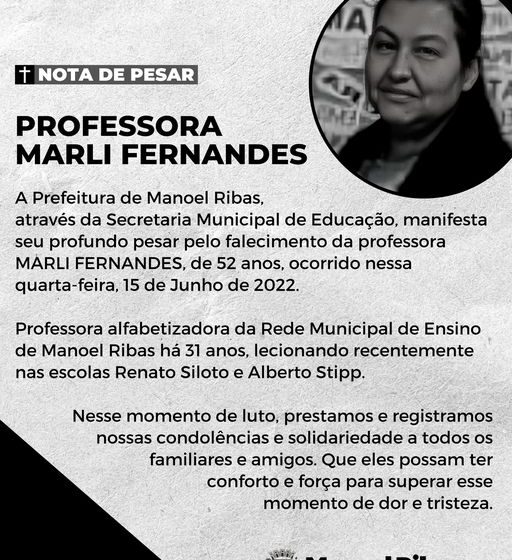  Prefeitura de Manoel Ribas divulga nota de pesar do falecimento da professora Marli Fernandes