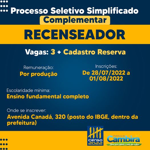  IBGE oferece oportunidade de trabalho de recenseador complementar em Cambira