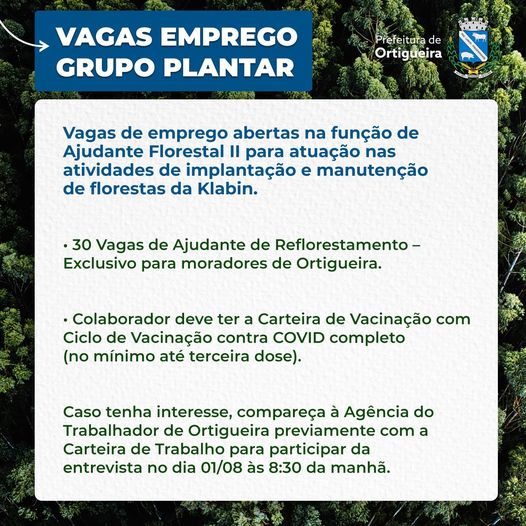  Prefeitura de Ortigueira com o Grupo Plantar divulga 30 vagas de emprego