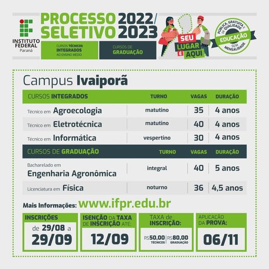  IFPR de Ivaiporã iniciou o período de inscrição para o Processo Seletivo 2022/ 2023