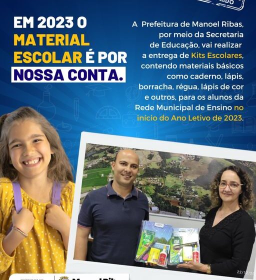  Manoel Ribas realizará entrega de kit básico de materiais escolares para alunos da Rede Municipal de Ensino