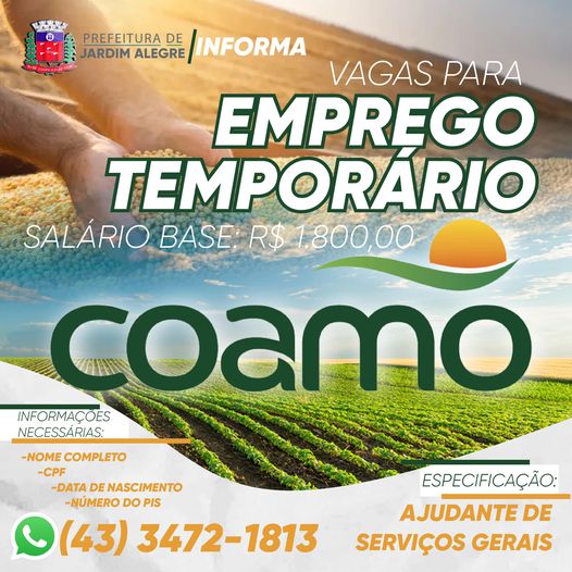  Coamo de Jardim Alegre realiza contratação efetiva de emprego temporário