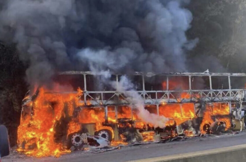  Ônibus de turismo pega fogo na BR-277, em Morretes