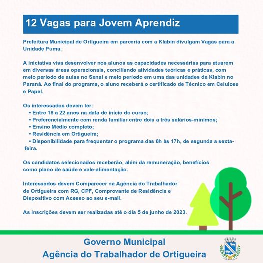  Prefeitura Municipal de Ortigueira divulga 12 Vagas para Jovem Aprendiz