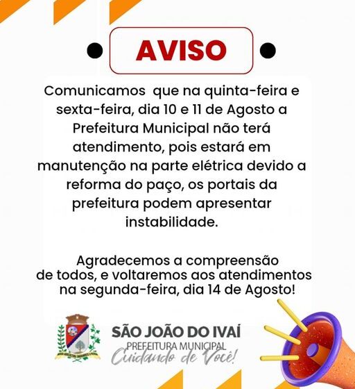  Prefeitura de São João do Ivaí comunica que não haverá atendimento nesta quinta e sexta