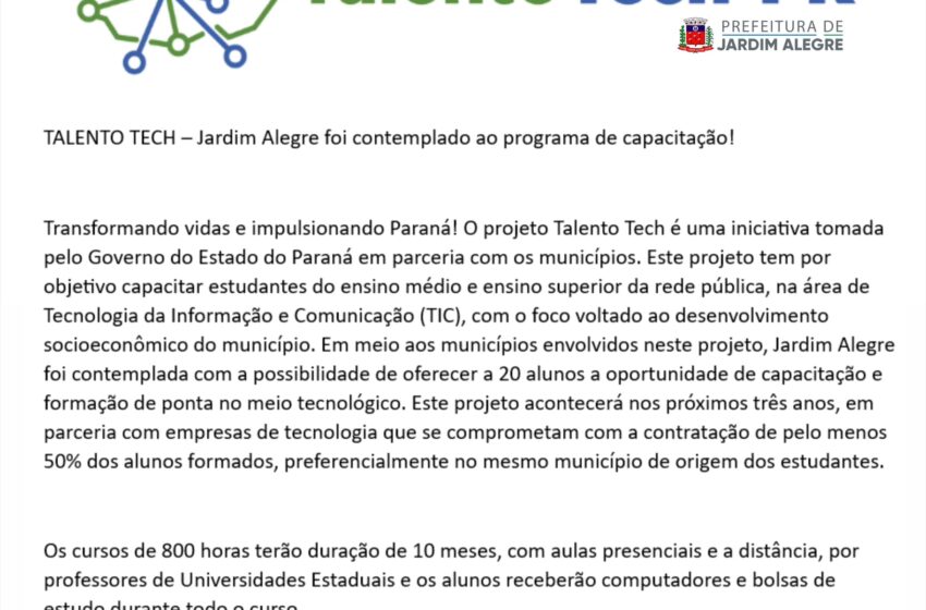  TALENTO TECH – Jardim Alegre foi contemplado ao programa de capacitação!