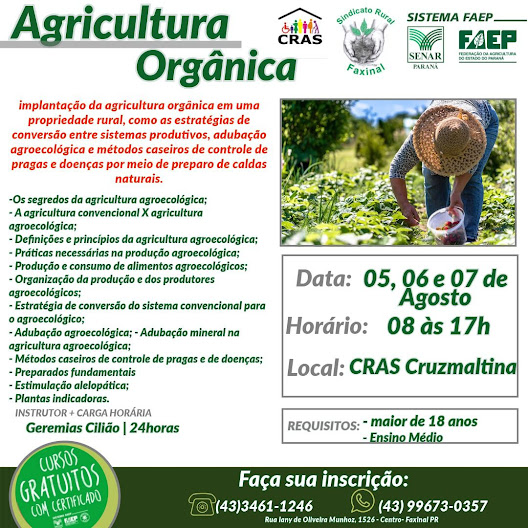  Inscrição para curso sobre “Agricultura Orgânica” estão abertas em Cruzmaltina