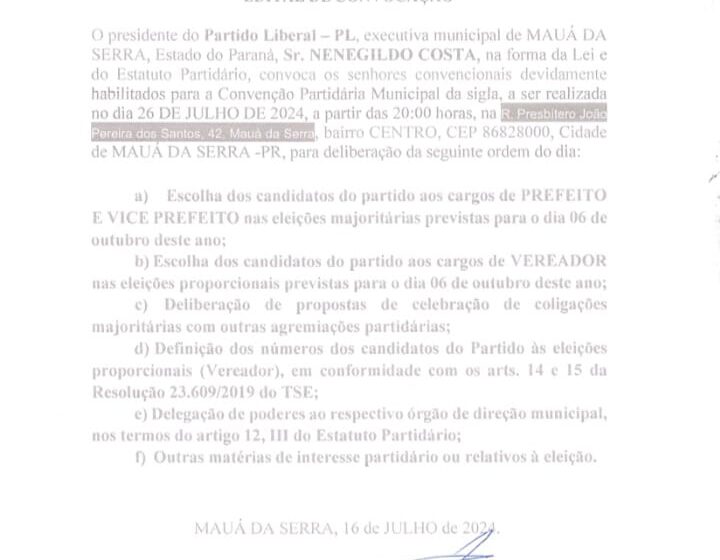  PL de Mauá da Serra convoca filiados para Convenção Municipal