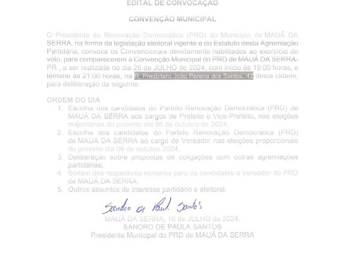  PRD de Mauá da Serra convoca filiados para Convenção Municipal