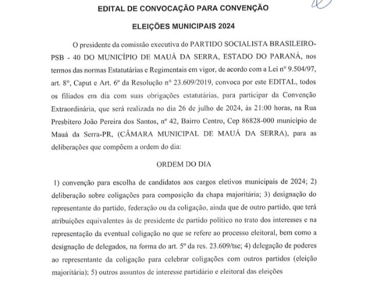  PSB de Mauá da Serra convoca filiados para Convenção Municipal