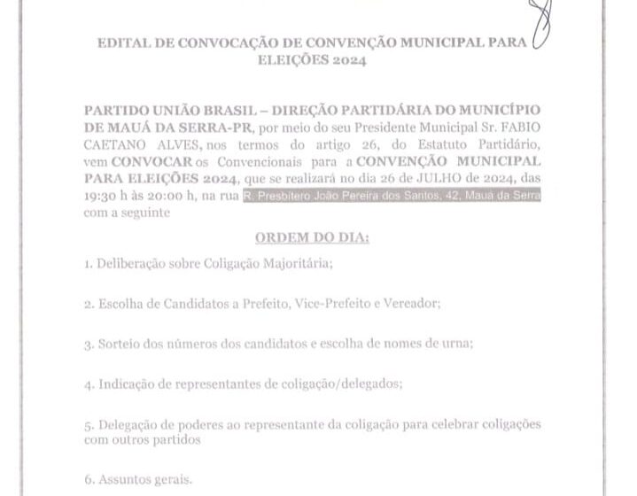  União Brasil de Mauá da Serra convoca filiados para Convenção Municipal