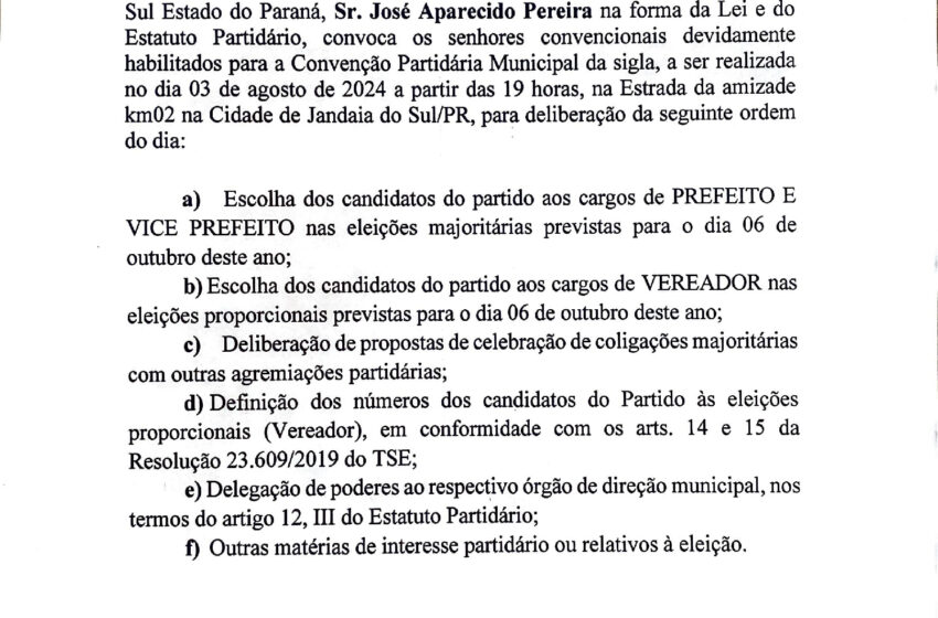  Edital de convocação do Partido Liberal de Jandaia do Sul