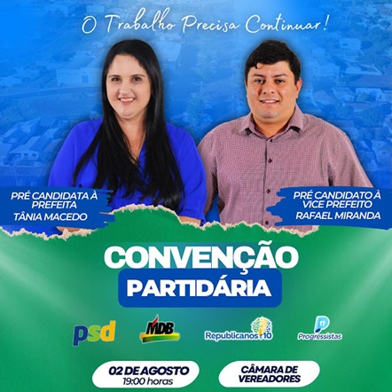  Convenção em Mauá da Serra confirmará candidaturas de Tânia Macedo e Rafael Miranda