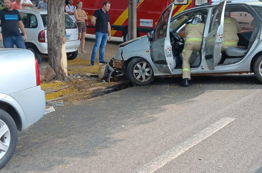  Motorista fica ferido após bater contra árvore em Apucarana