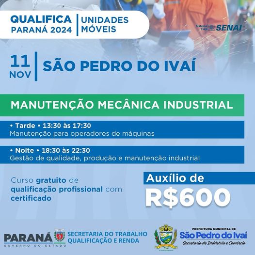  Carreta do Conhecimento ofertará curso gratuito de Manutenção de Mecânica Industrial em São Pedro do Ivaí