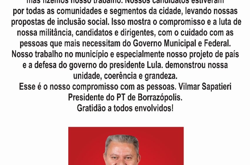  Presidente do PT de Borrazópolis divulga nota em nome do Diretório Municipal