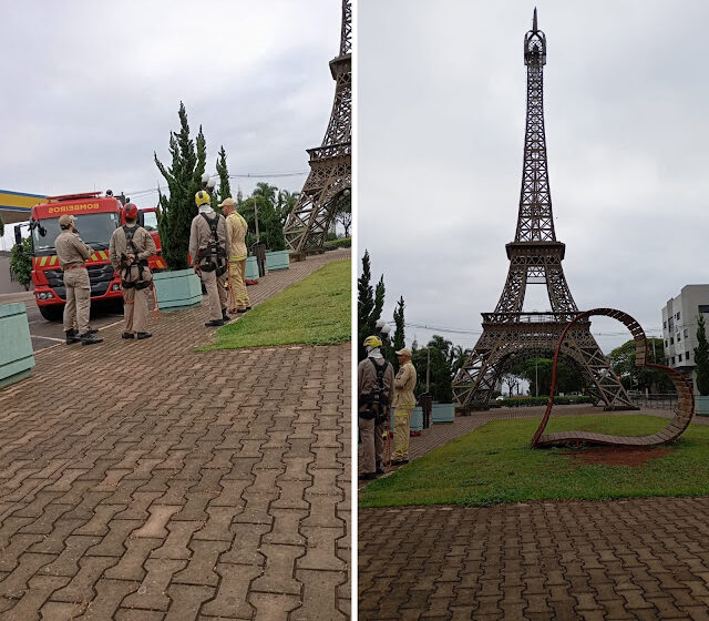  Bombeiros de  Ivaiporã resgatam homem que subiu na réplica da Torre Eiffel