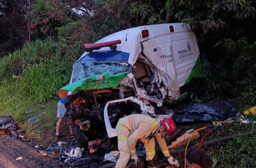  Carro e ambulância batem de frente e motoristas morrem na PR-082